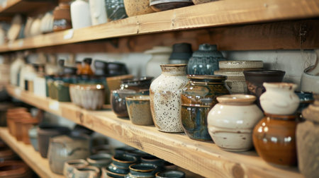 Handmade pottery and ceramic jars arranged on wooden shelves in a cozy workshop. Ideal for art, craftsmanship, and artisan product visuals.の素材