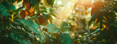 A close-up of tropical leaves basking in sunlight with a warm bokeh background. Perfect for themes of nature, greenery, and outdoor serenity.の素材