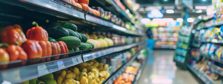 Close-up of fresh vegetables such as peppers and cucumbers on display in a grocery store aisle, emphasizing healthy food options and the variety of produce available.の素材