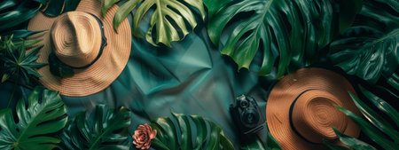 A tropical-themed arrangement featuring straw hats, large green leaves, and a camera, evoking a sense of vacation and nature-inspired relaxation.の素材