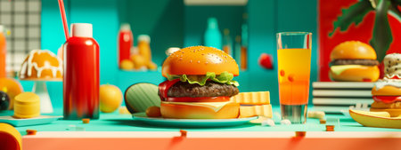 A colorful fast food meal featuring a burger, drink, and condiments displayed on a vibrant table with playful and bright decor.の素材