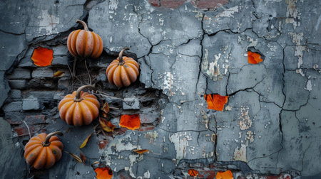Pumpkins placed within a cracked, weathered wall, with exposed bricks and orange light seeping through. Ideal for autumn and rustic-themed designs.の素材