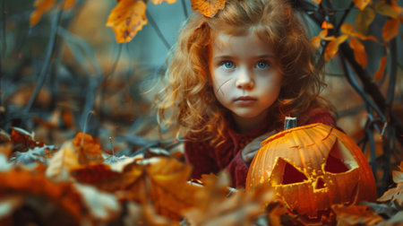 A young girl with curly red hair sits beside a glowing jack-o'-lantern in an autumn forest, creating a spooky yet charming Halloween atmosphere.の素材