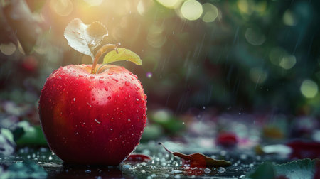 A fresh red apple with water droplets glistening in an outdoor natural setting, surrounded by leaves. The image conveys freshness, health, and the beauty of nature.の素材