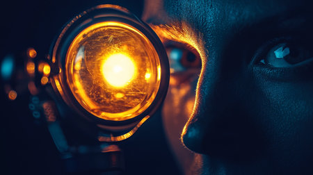 A dramatic closeup of a face illuminated by warm light through a magnifying lens, highlighting intricate facial details and textures.の素材