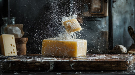A dynamic shot of a block of cheese being grated, with fine cheese particles flying through the air, captured in mid-motion, highlighting culinary preparation in action.の素材
