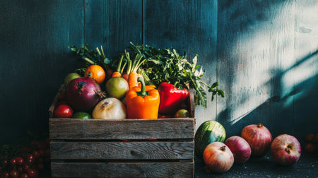 A rustic wooden crate filled with assorted fresh vegetables and fruits, including peppers, apples, and greens, beautifully lit by natural sunlight.の素材