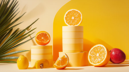 A vibrant arrangement of fresh citrus fruits including oranges and lemons on a yellow background. Perfect for healthy food, summer, and freshness concepts.の素材