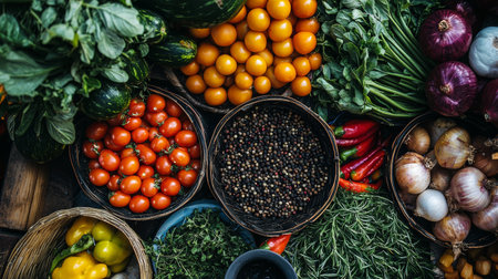 Overhead view of various fresh vegetables and spices displayed at a farmers market. Perfect for healthy eating, organic food, and farm-to-table themes.の素材