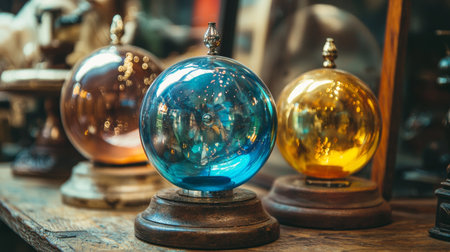 Vintage glass globes in vibrant colors displayed on wooden stands. Perfect for antique, decor, and collectible themes.の素材