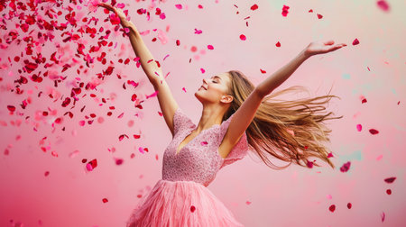 A joyful woman in a pink dress throws her arms up, celebrating as rose petals fall around her. Perfect for happiness, celebration, and beauty themes.の素材