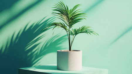 A potted palm plant casting a long shadow on a mint green wall. The bright lighting and sharp shadows create a striking yet minimalistic visual effect.の素材