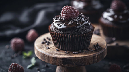 Close-up of a rich chocolate cupcake topped with a fresh raspberry and chocolate chips. The dark background enhances the decadent look of the dessert, creating a luxurious and tempting scene.の素材