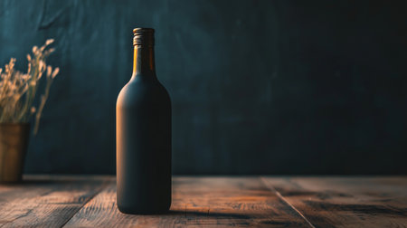 A minimalist, moody still life featuring a black bottle on a rustic wooden table. The dark background and soft lighting create an atmospheric and contemplative scene.の素材