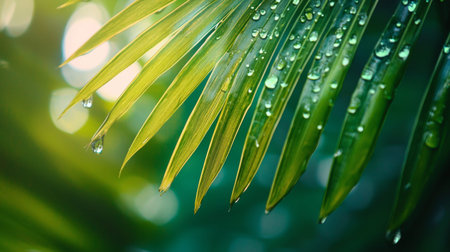 A refreshing close-up of green palm leaves covered in water droplets, illuminated by soft sunlight, creating a tropical and serene atmosphere with vibrant natural tones.の素材