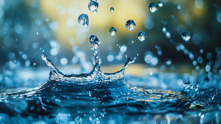 A high-speed capture of a water splash, showcasing droplets in mid-air against a blue bokeh background, highlighting motion and the beauty of liquid dynamics.の素材