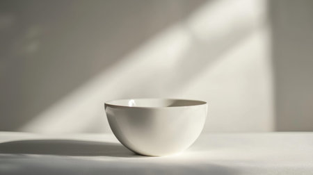 A simple white ceramic bowl placed in soft natural lighting, creating a minimalist and elegant composition ideal for modern home decor and product mockups.の素材