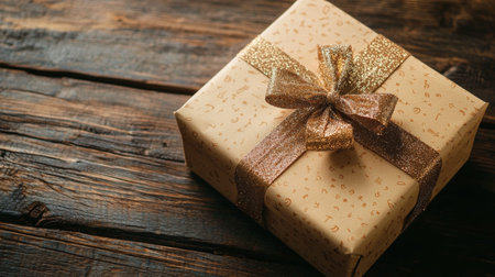 A close-up of a beautifully wrapped gift box with a golden glittery ribbon, placed on a rustic wooden surface. Ideal for holiday, birthday, or celebration themes.の素材