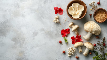 An assortment of gourmet mushrooms, spices, and flowers spread across a textured surface, showcasing culinary ingredients and natural elements in a beautiful composition.の素材