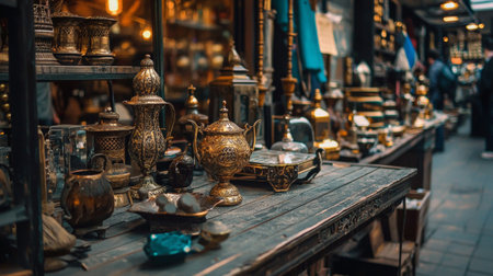 A selection of antique metalware, including teapots and other ornate objects, beautifully arranged on a wooden table in a traditional marketplace, evoking history and craftsmanship.の素材