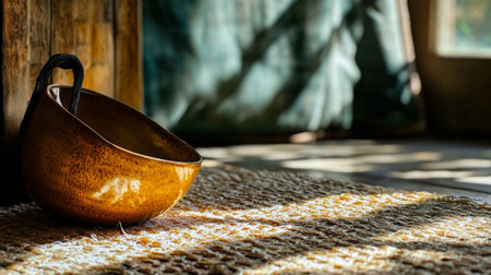 A rustic brown bowl with a handle placed on a textured mat, captured in warm and soft natural lighting, evoking a cozy and serene atmosphere.の素材