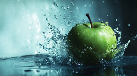 A green apple splashes into water, captured mid-motion with dramatic lighting, symbolizing freshness, vitality, and the crispness of fruit in a dynamic scene.の素材