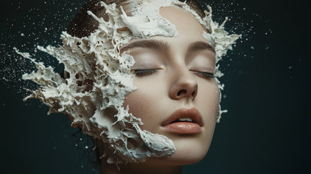 A striking artistic portrait of a woman with her eyes closed, featuring an abstract splash of cream or foam on her face, symbolizing beauty and creativity.の素材