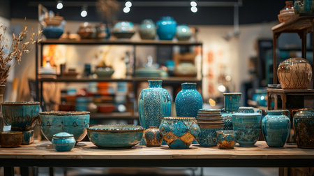A showcase of various blue ceramic vases and pottery arranged on a wooden table, highlighting artisanal craftsmanship and decorative appeal.の素材