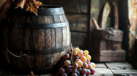 A classic wooden wine barrel with bunches of grapes placed beside it, set in a rustic interior with warm, earthy tones, evoking a sense of tradition and craftsmanship.の素材