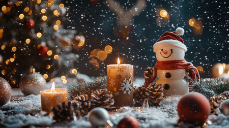 A cheerful snowman figurine with festive candles on a snowy table, surrounded by pinecones and Christmas ornaments, with glowing bokeh lights in the background creating a cozy holiday scene.の素材