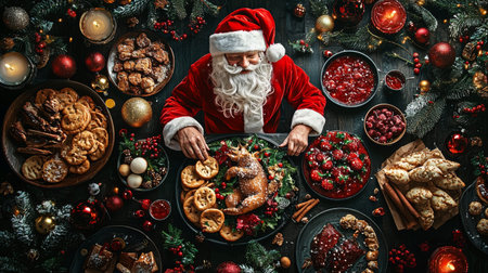 A festive scene of Santa Claus enjoying a Christmas feast, surrounded by holiday treats, cookies, and decorations, creating a joyful and celebratory atmosphere.の素材