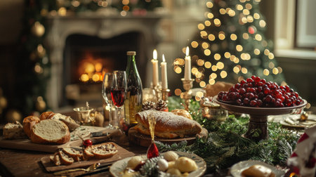 A cozy Christmas table setting by a fireplace, featuring bread, wine, and festive decorations, surrounded by the warm glow of candles and twinkling lights.の素材