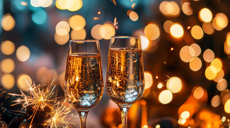 Two champagne glasses with bubbles and sparklers, set against a background of glowing festive lights, creating a joyful holiday scene.の素材