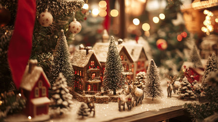 A detailed miniature Christmas village scene, complete with snow-covered houses, trees, and reindeer, illuminated by warm festive lights, evoking a cozy holiday setting.の素材