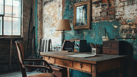 A cozy, vintage-style workspace featuring a worn wooden desk with a classic typewriter, rustic decor, and an exposed brick wall, evoking a nostalgic and artistic atmosphere.の素材