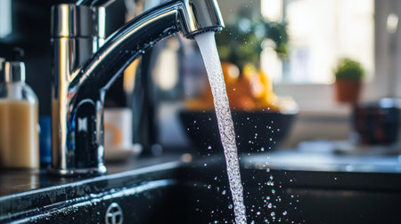 A close-up of water running from a modern kitchen faucet in a brightly lit home, with water droplets splashing, creating a fresh and clean atmosphere, perfect for home and lifestyle concepts.の素材