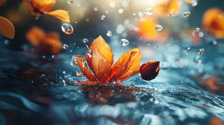 Close-up of vibrant orange flower petals floating delicately on water, surrounded by droplets, evoking a sense of tranquility and beauty.の素材