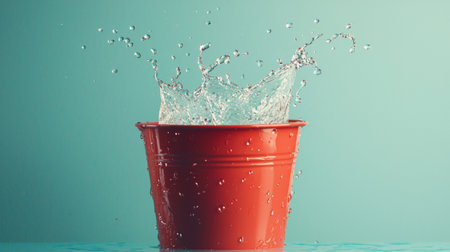 A splash of water captured in motion, erupting from a bright red bucket against a contrasting turquoise background.の素材