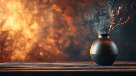 A rustic brown vase holding dried flowers with smoke rising in the warm, soft lighting, creating a cozy and artistic atmosphere against a blurred background.の素材