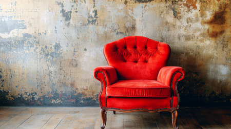 A vintage red velvet armchair placed against an aged, textured wall, showcasing elegant design and rustic charm in a minimalistic setting.の素材