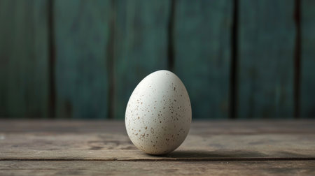 A close-up of a single speckled egg standing upright on a rustic wooden table, evoking simplicity and natural beauty with an earthy background.の素材