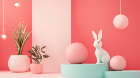 A minimalist scene with a white rabbit figurine, pastel-colored plants, and modern decor elements, creating a playful and elegant composition in soft tones.の素材