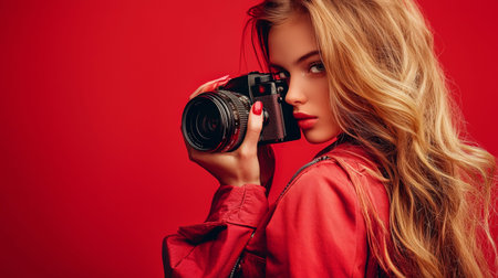 Close-up portrait of a woman with long blonde hair holding a camera, dressed in red with matching background, embodying creativity and passion for photography.の素材