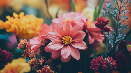 A vibrant close-up of various colorful flowers in full bloom, showcasing the delicate beauty and details of petals with soft, natural lighting.の素材