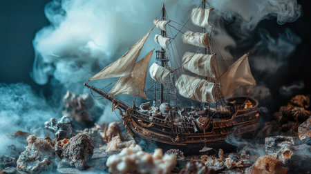 A detailed model of a sailing ship surrounded by mist with dramatic lighting, evoking a sense of adventure and mystery at sea.の素材