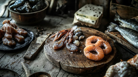 An assortment of fresh seafood including fish, prawns, and salmon rings on a rustic wooden cutting board, surrounded by other ingredients in a cozy kitchen setting.の素材