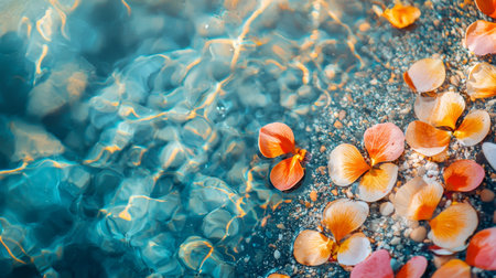 Vibrant orange and pink flower petals floating on the surface of clear water near the shore, with sunlight reflecting on the gentle ripples.の素材