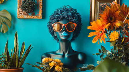 A mannequin head wearing orange sunglasses displayed against a colorful, retro-inspired decor with plants and flowers, creating a fun and artistic vibe.の素材