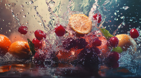 A high-speed capture of various fresh fruits, including oranges and cherries, splashing into water, creating a dynamic and refreshing scene with vibrant colors.の素材