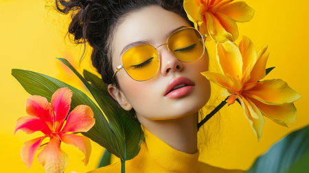 A close-up portrait of a woman wearing yellow sunglasses, surrounded by vibrant orange and pink flowers, against a matching yellow background for a bold fashion look.の素材